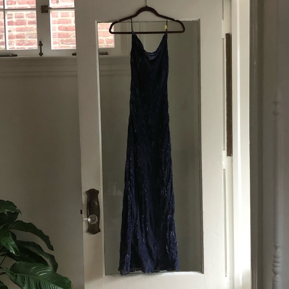 LPA Navy embroidered cowl neck dress